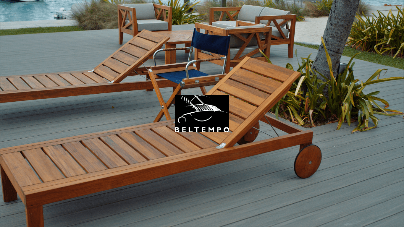 IU C&I Studios Page Black and white Beltempo logo superimposed on image of wooden lounge chairs
