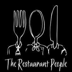The Restaurant People Logo Artist rendering dressed up fork, knife and spoon on a black background