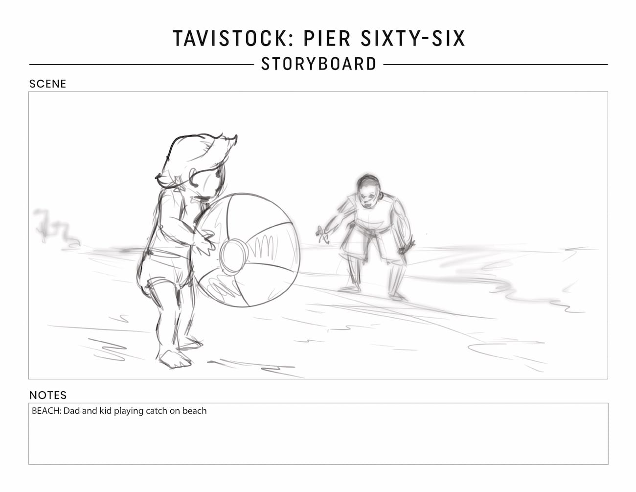 Tavistock Development Company C&I Studios Marketing Solutions Pier Sixty Six Storyboard Dad and kid playing catch on beach