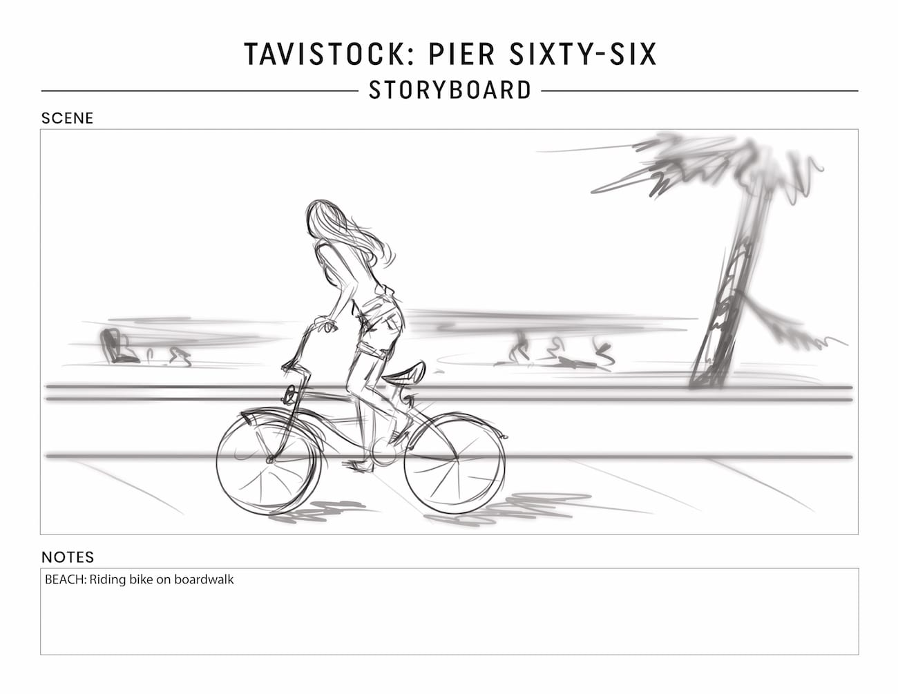 Tavistock Development Company C&I Studios Marketing Solutions Pier Sixty Six Storyboard Woman riding bike on boardwalk