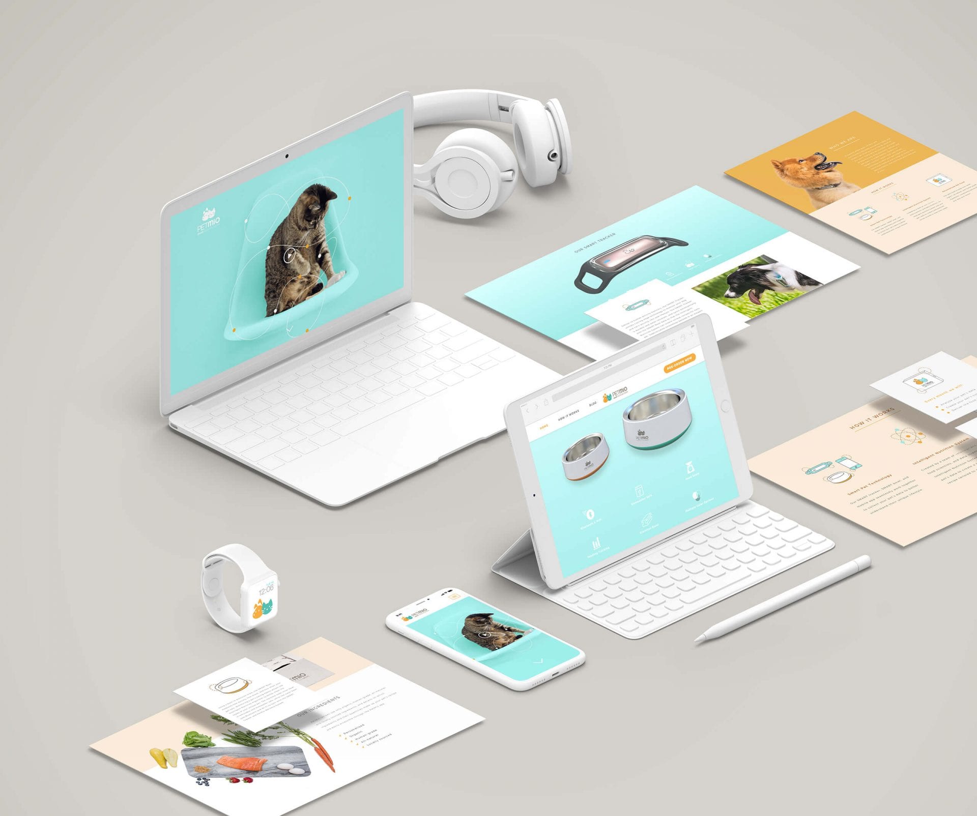 Petmio Mockup of various devices for a brand. Includes a watch, laptops, cell phone and headphones among other things.