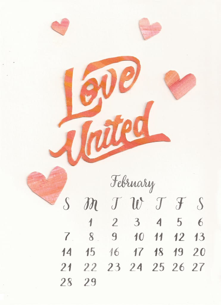 United Way February calendar with Love United graphic with hearts