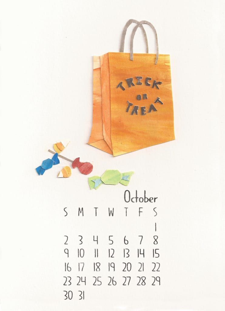 United Way Calendar October with graphics of Halloween candy and bag