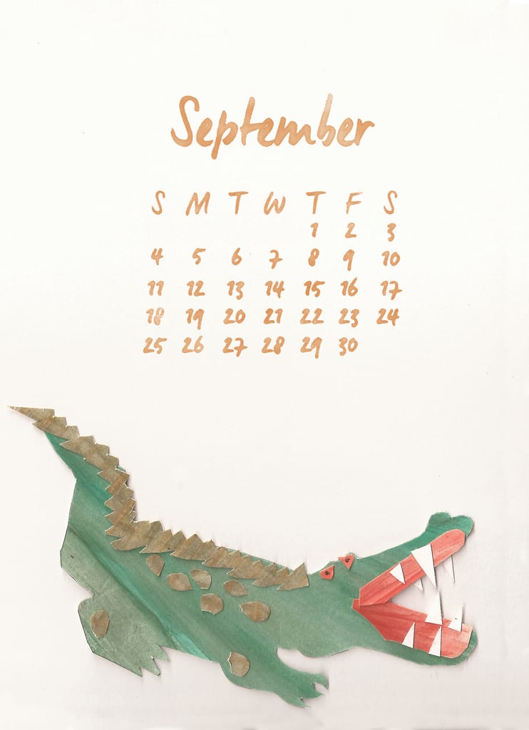 United Way Calendar September with graphic of alligator with mouth open showing teeth