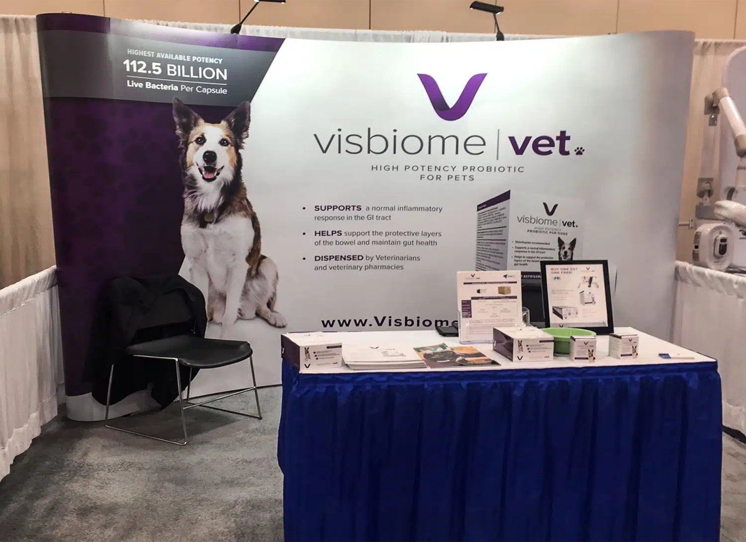 Visbiome booth Booth for Visbiome Vet for High Potency Pet Probiotics with promotion materials.