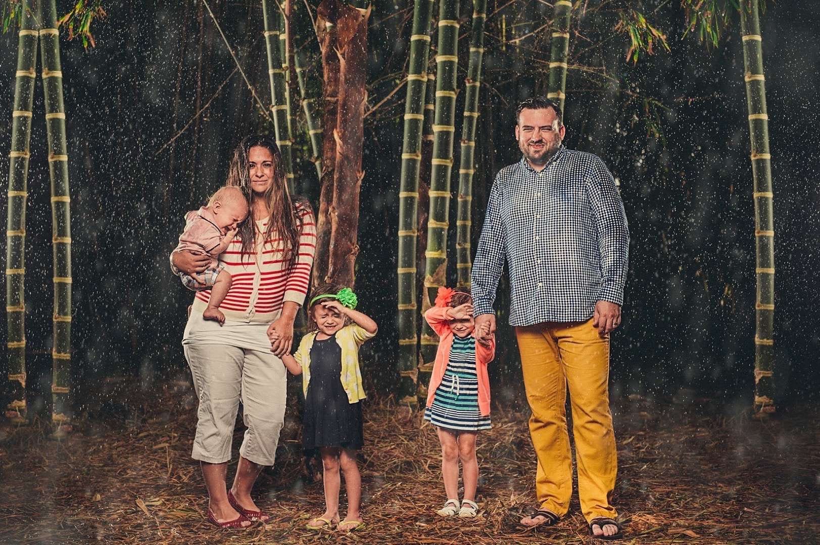 A Series of Unfortunate Family Portraits showing a family with three small children amongst palm trees posting for camera in bright lights.