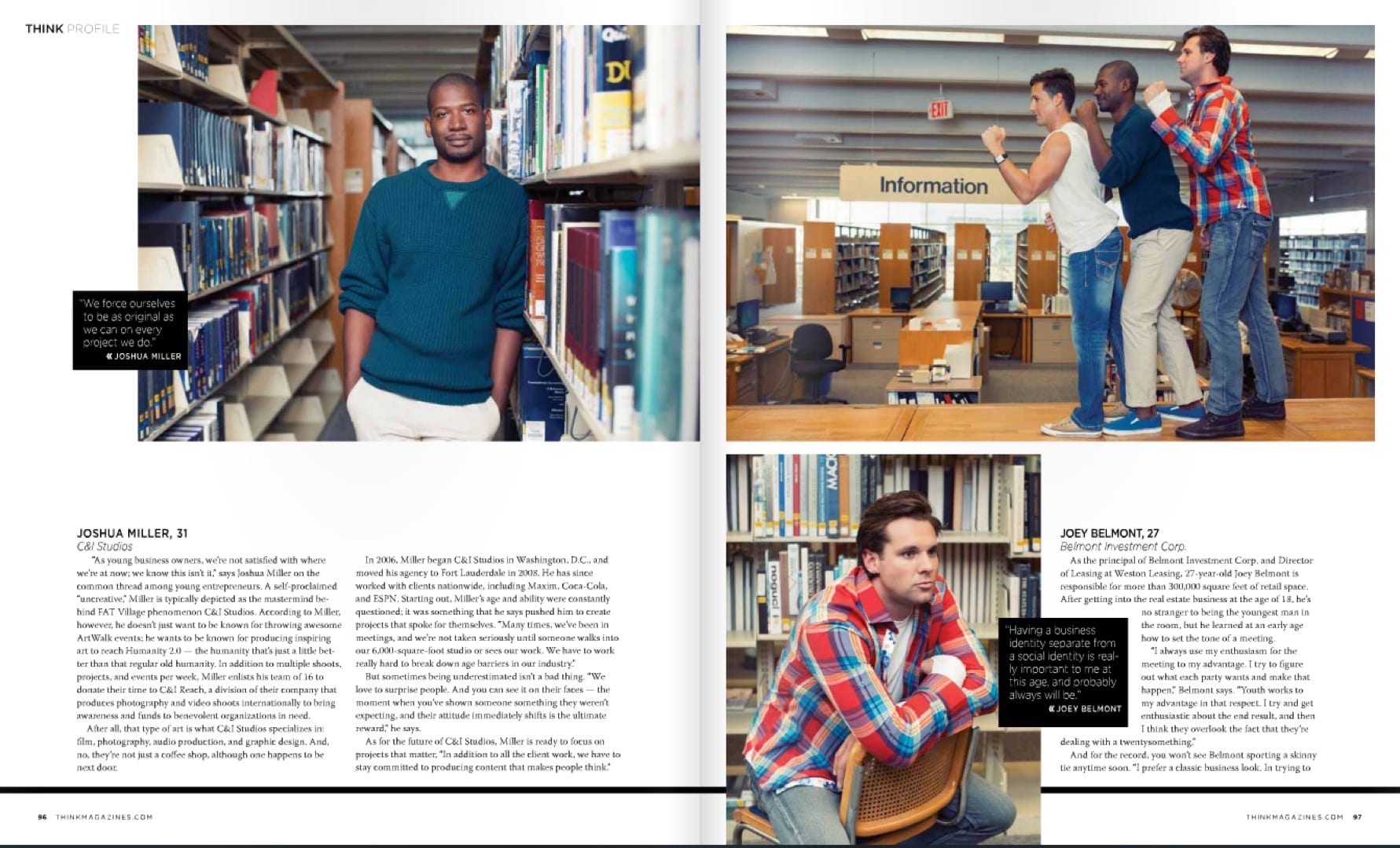 Pages from Think Magazine about Joshua Miller and Joey Belmont