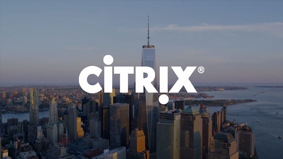 View of new Word Trade Center tower in NYC with white logo for Citrix