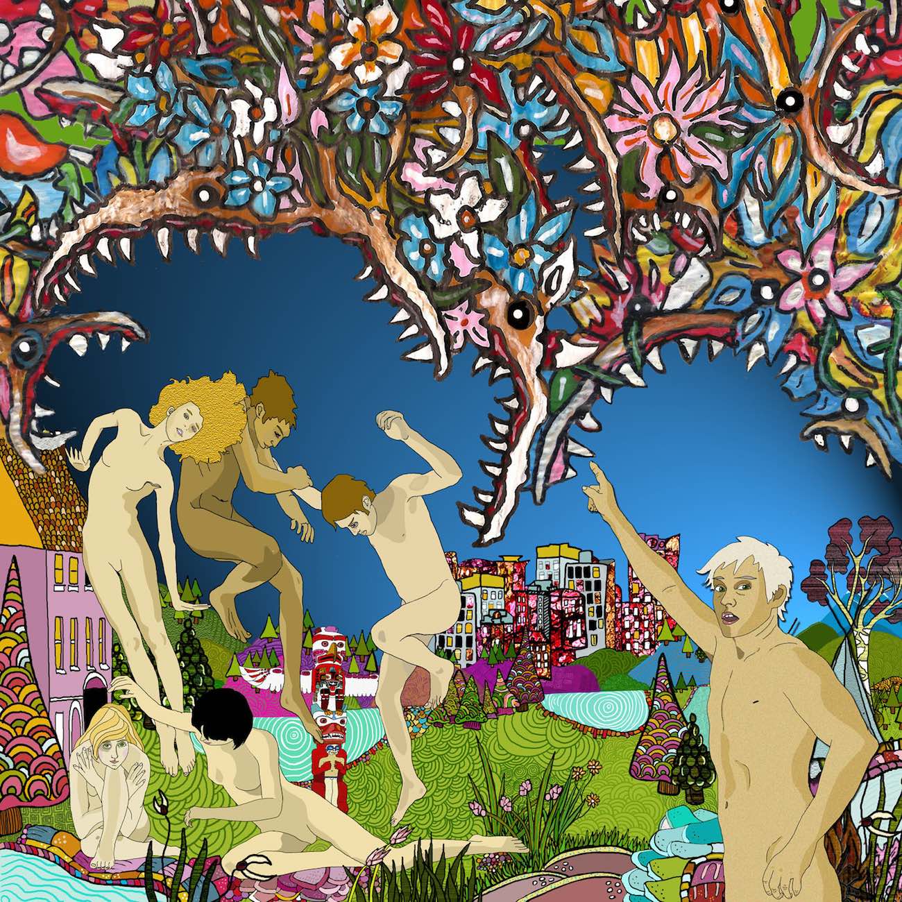 Graphics of vaguely nude men and women in a garden by a city