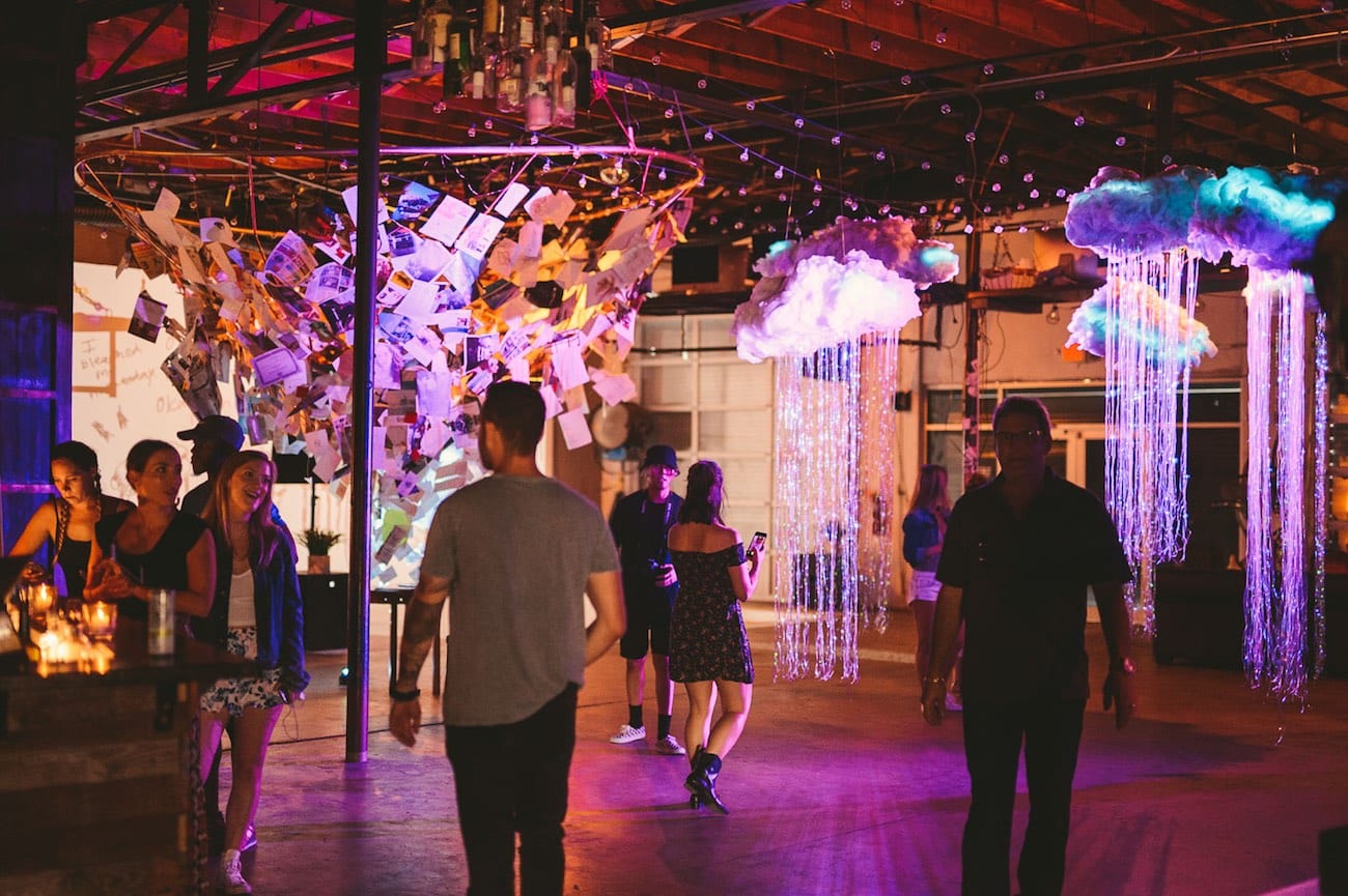 C&I Storm Group of people on studio among art of storm clouds with rain and hanging notes
