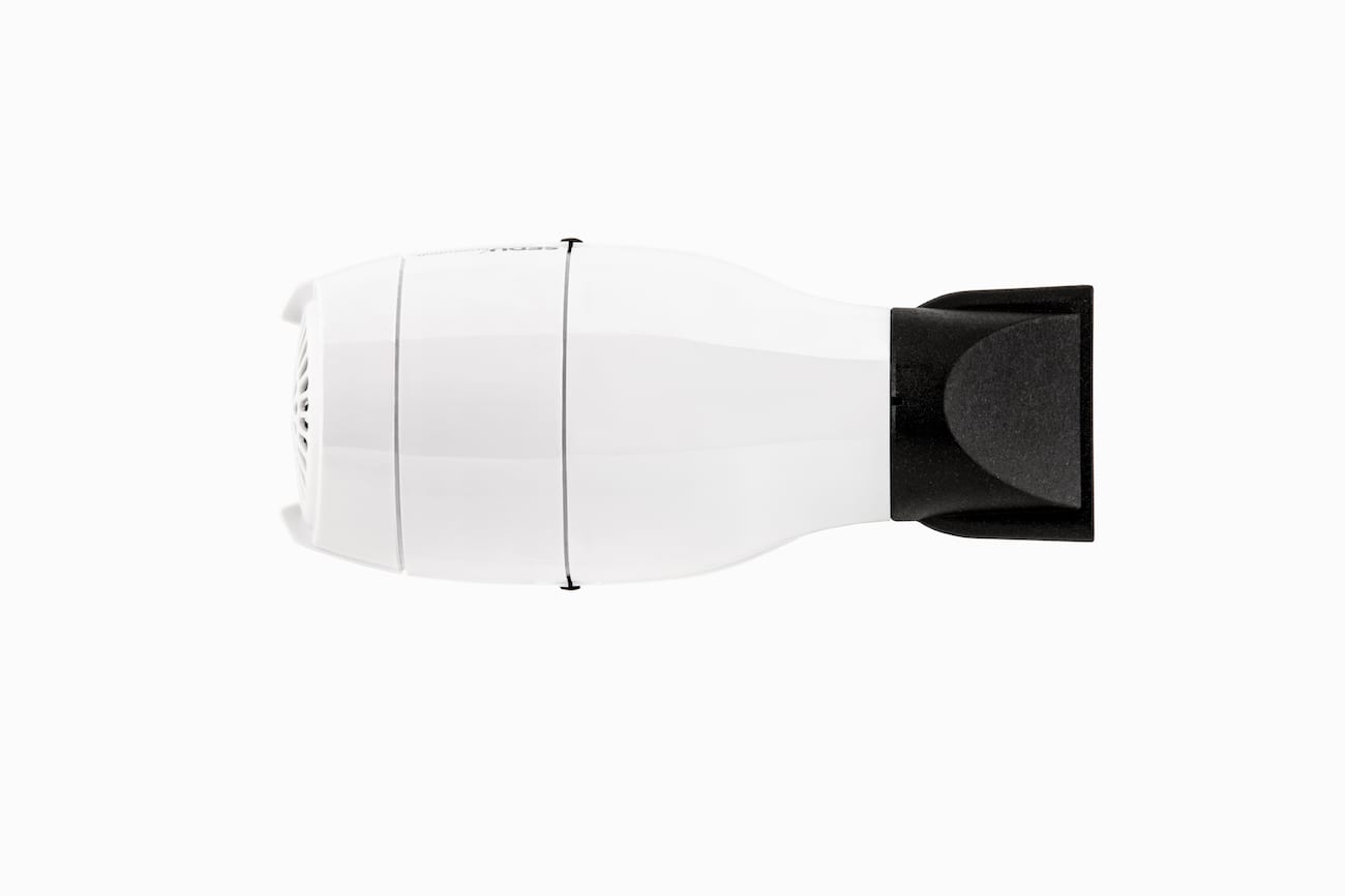 HauteHouse Brands Theorie and Sedu Top view of white with black trim hairdryer