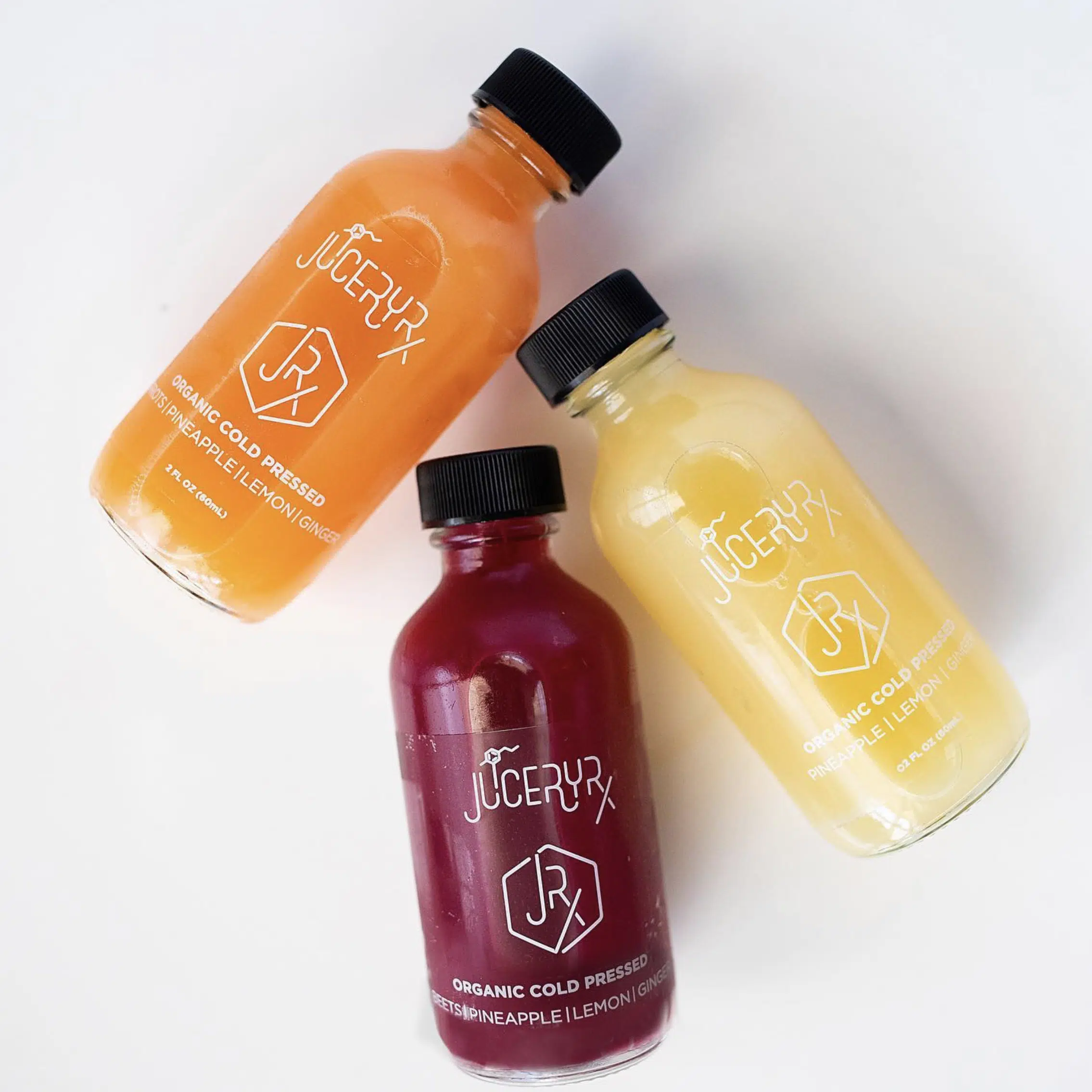 Juicery RX 35 Various glass bottles of Juicery on display