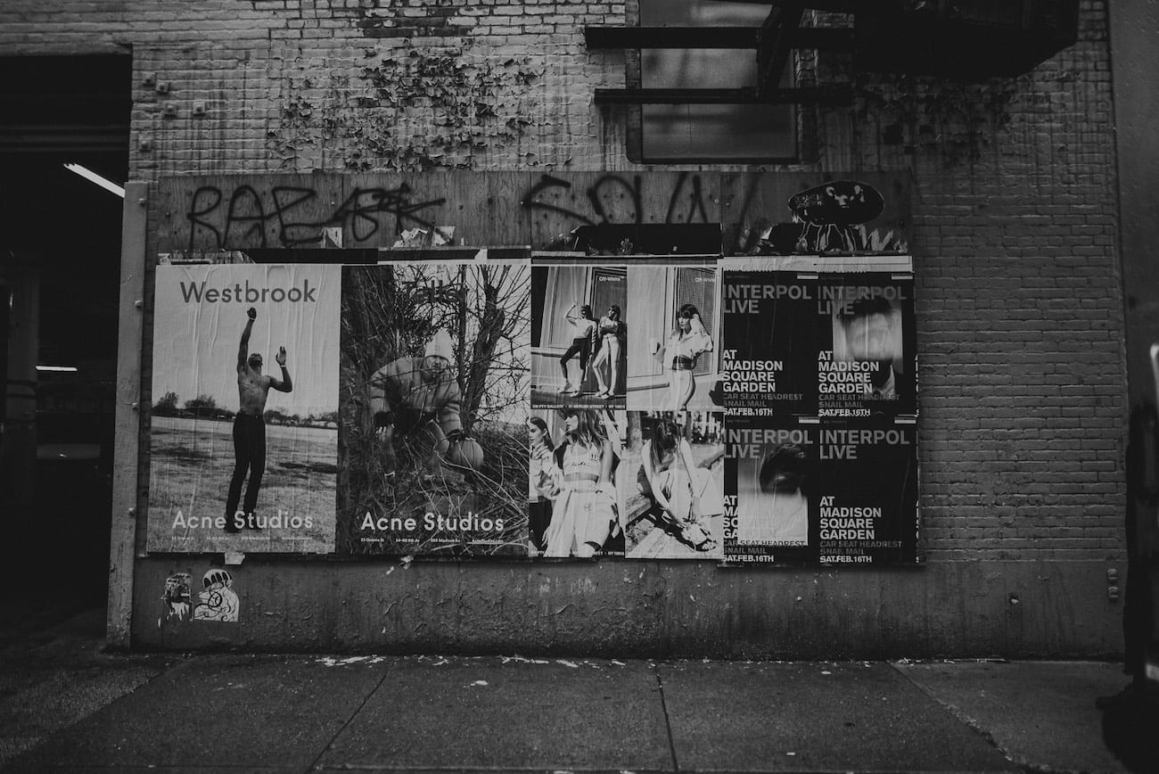 Black and white of billboard of ads