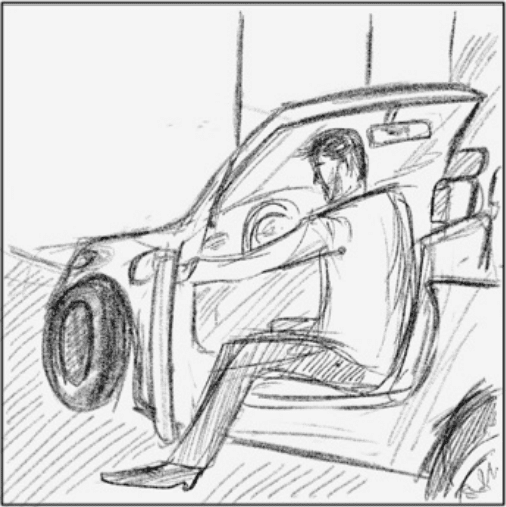 IU CI Studios Portfolio The Dream Commercial 1 Drawing of man in car with hand on the door