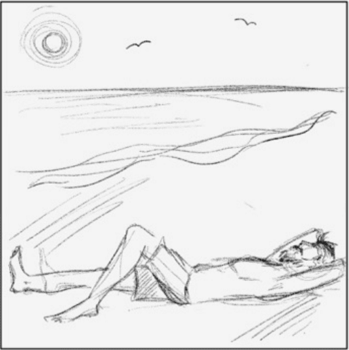 The Dream Commercial 3 Drawing of man laying on a beach by the water with the sun shining