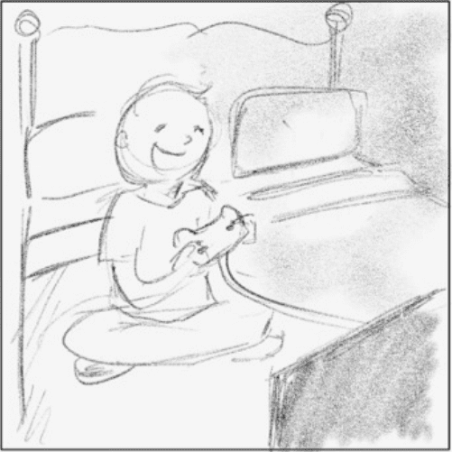 IU CI Studios Portfolio The Boy That Never Leaves His Bed Drawing of boy with a video game controller in his hands