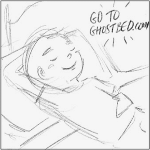 IU CI Studios Portfolio The Boy That Never Leaves His Bed 10 Drawing of boy laying on the bed with text saying Go To Ghostbed.com