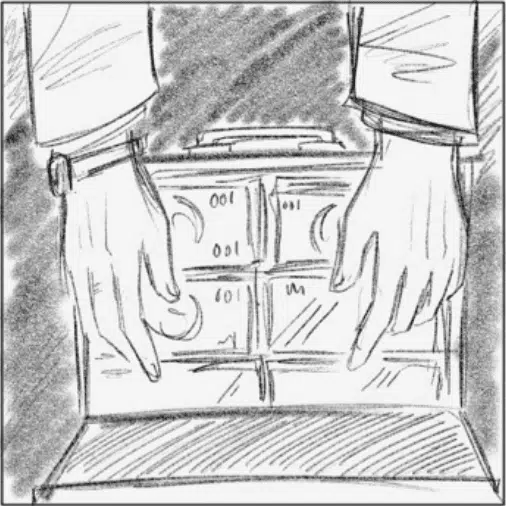 Drawing of hands over a briefcase of money