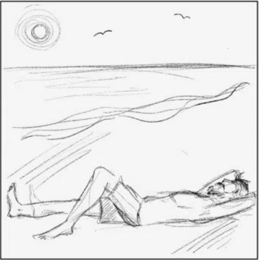 Drawing of man laying on a beach by the water with the sun shining