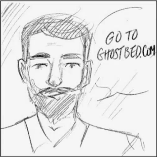 Drawing of man saying to go to Ghostbed.com