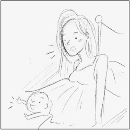 Drawing of mother with baby boy looking out from under her skirt on a bed