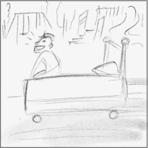 Drawing of boy rolling down a street on his bed smiling