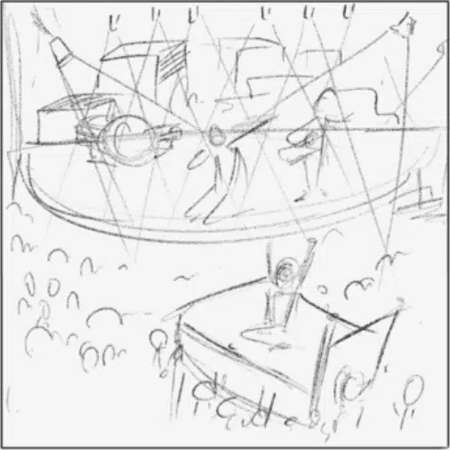 Drawing of boy on a bed enjoying a band concert