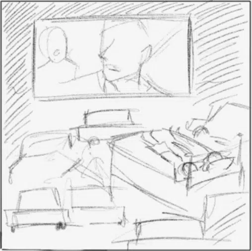 Drawing of boy on his bed watching TV