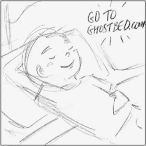 Drawing of boy laying on the bed with text saying Go To Ghostbed.com