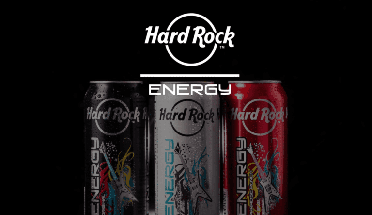 IU C&I Studios Page Hard Rock Energy logo with background display of three cans of Hard Rock Energy drinks