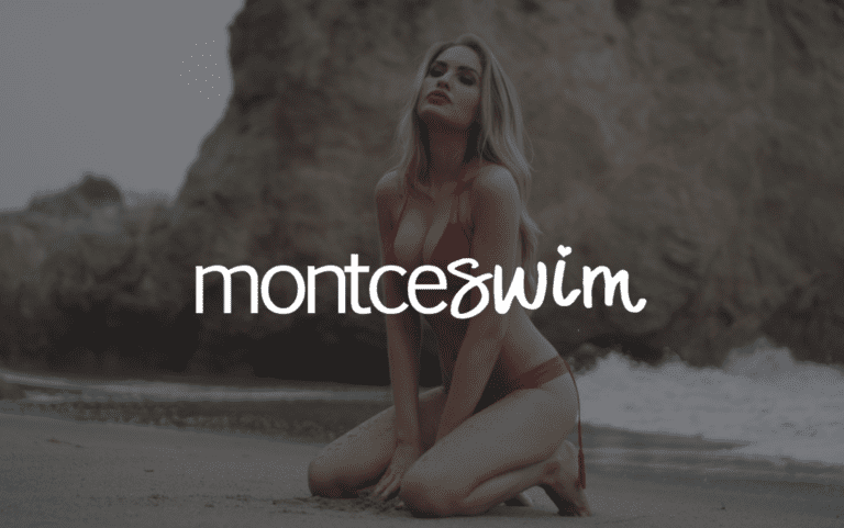 Montce Swim cover with white logo with model in red bikini in background kneeling in the sand at the beach
