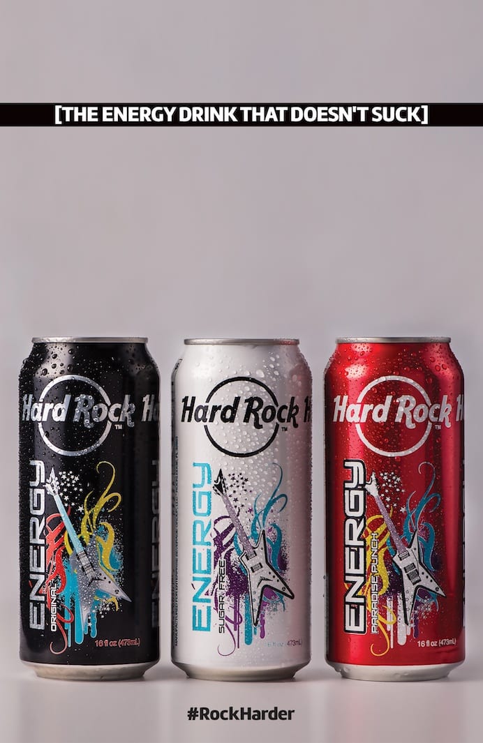 Ad with three cans of Hard Rock Energy drinks on display