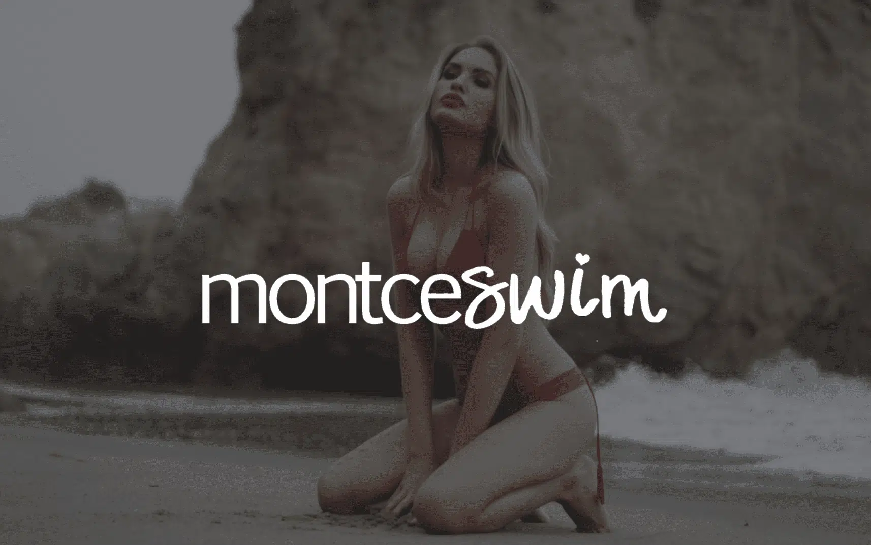IU C&I Studios Page Montce Swim cover with white logo with model in red bikini in background kneeling in the sand at the beach