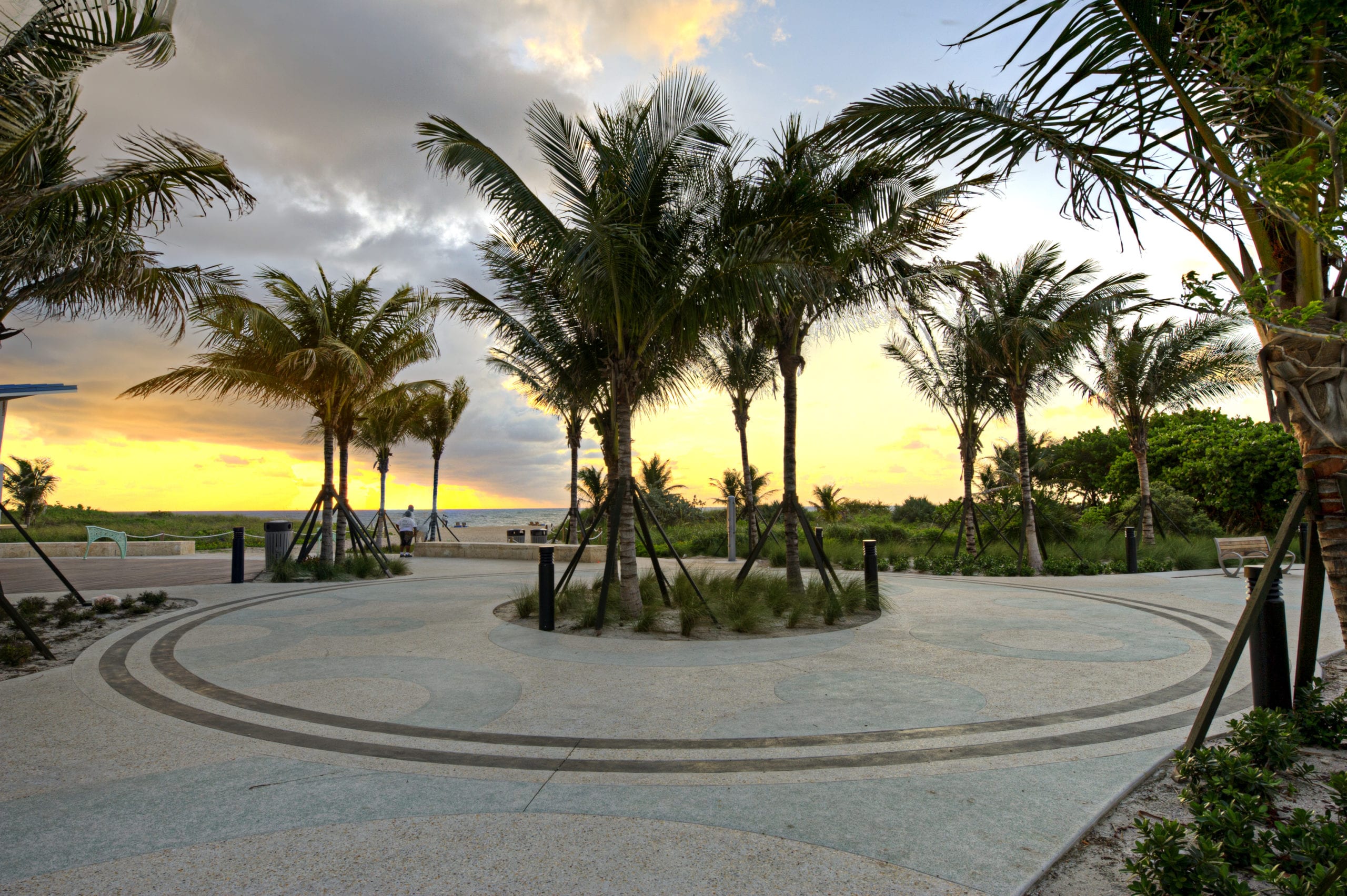 EDSA Pompano Beach Boulevard grounds with palm trees with the beach in the background at dusk