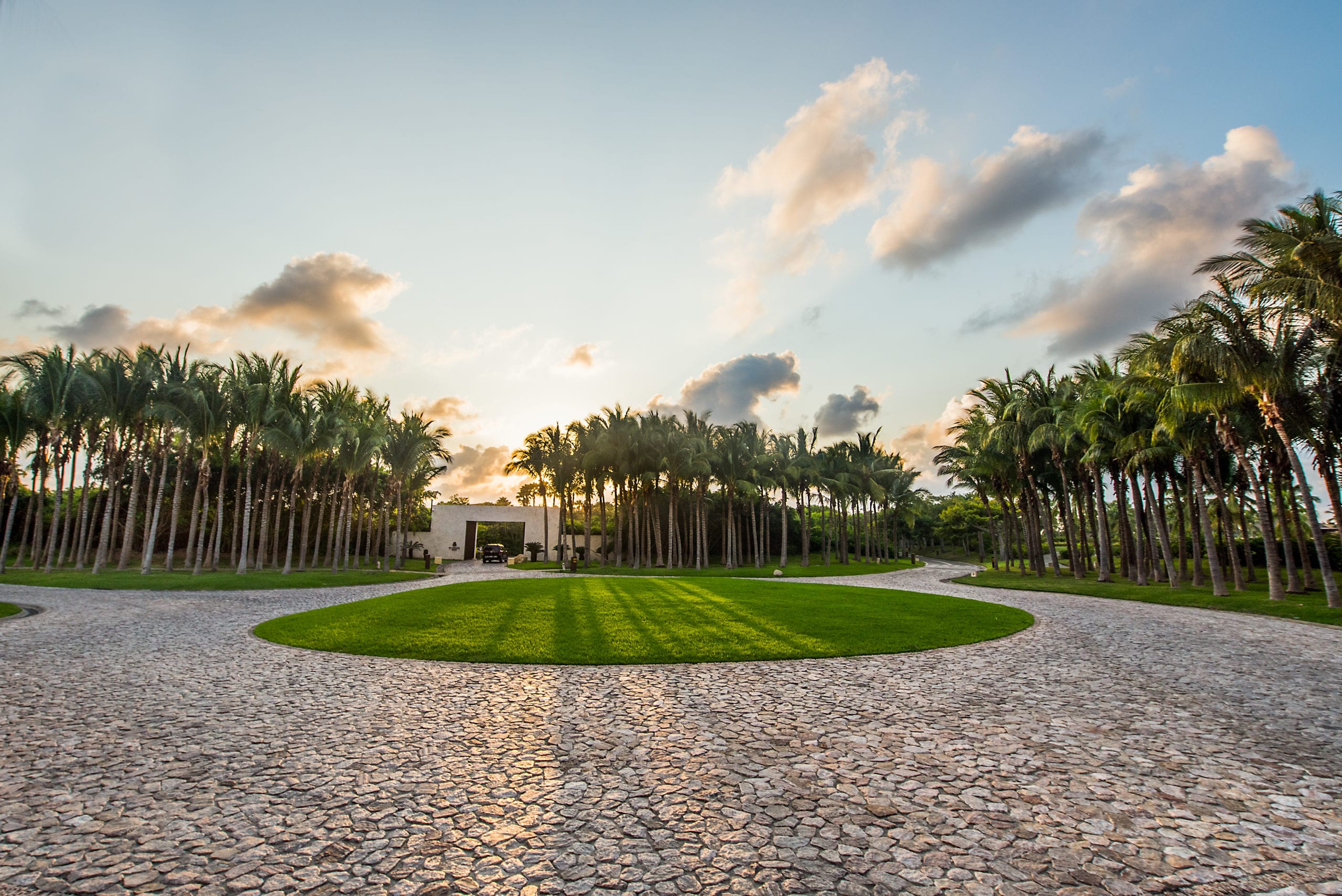 St Regis Building with walkway with palm trees and green lawns