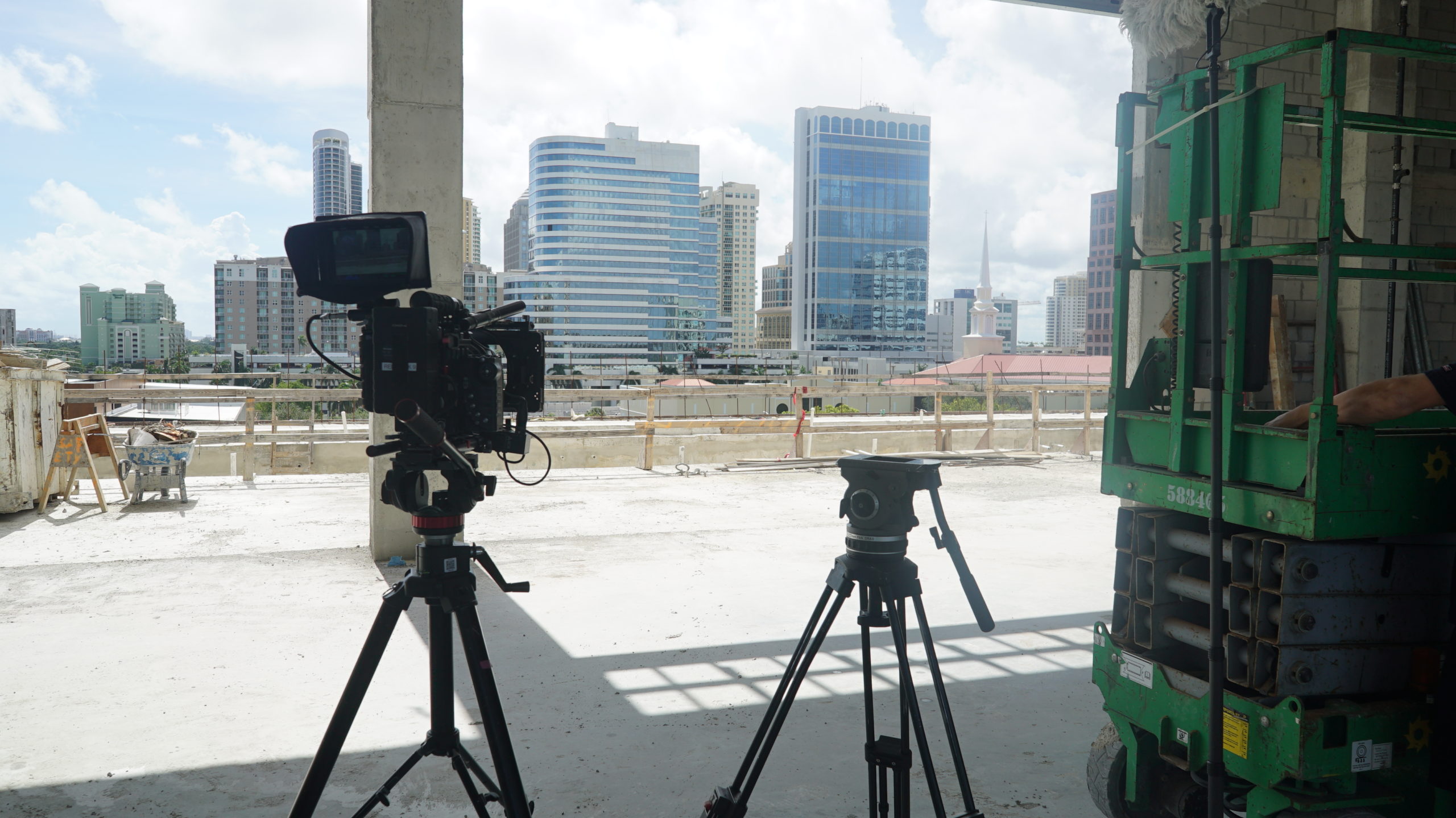IU C&I Studio Portfolio Camera equipment set up with city buildings in the background