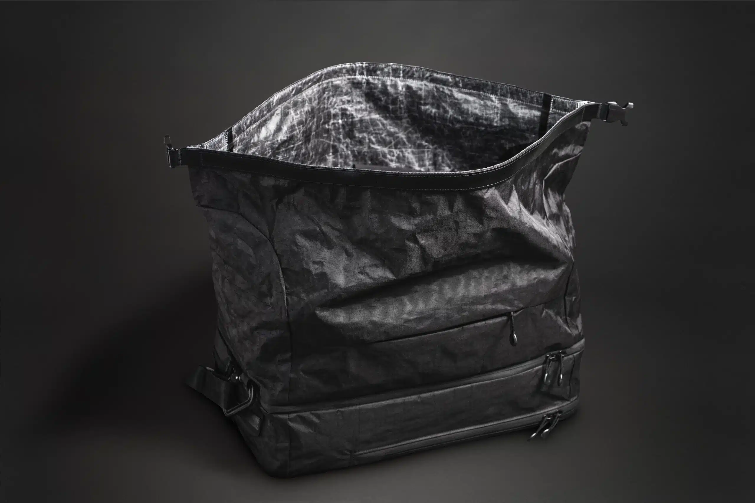 Closeup view of an opened black purse bag