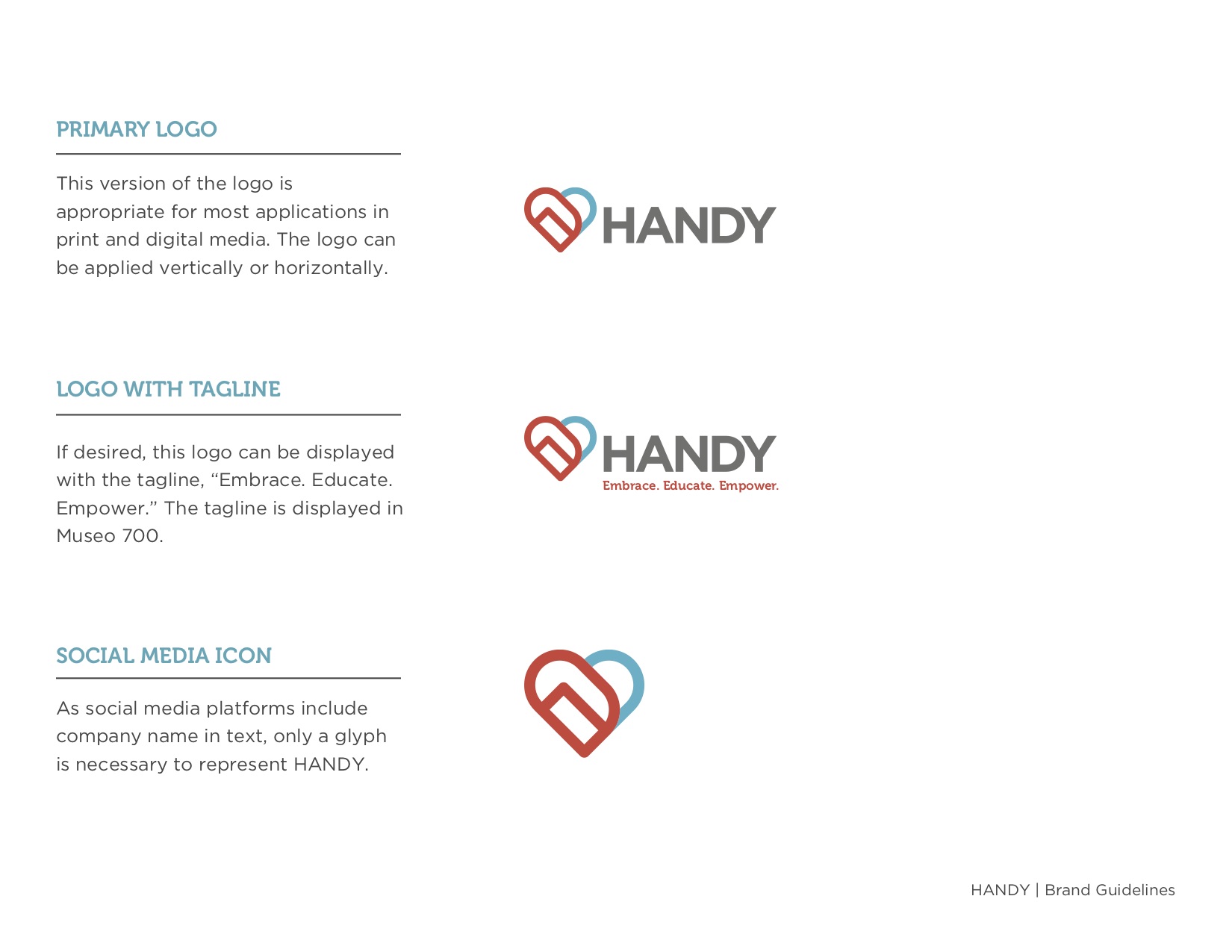 Marketing for nonprofits Handy Brand Guidelines Graphic of Handy logos with creation instructions