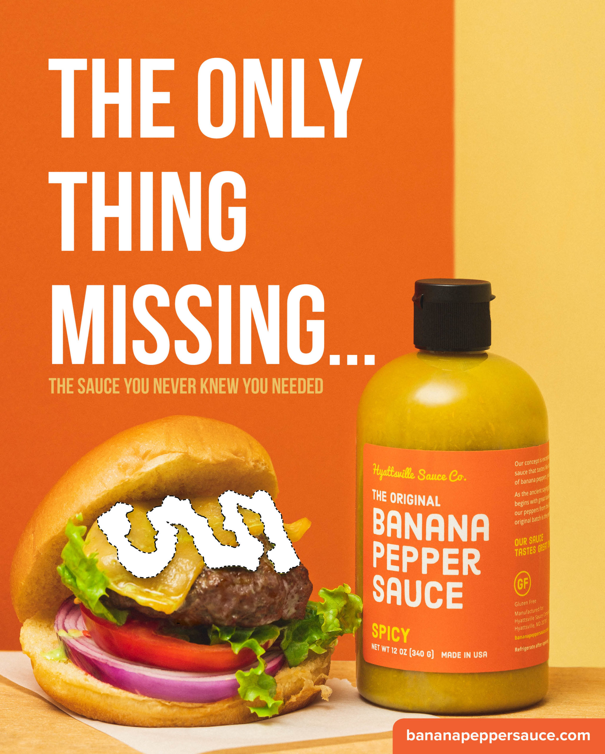 Hyattsville Sauce Company The Original Banana Pepper Sauce bottle Spicy flavor next to cheeseburger graphic with slogan and website address