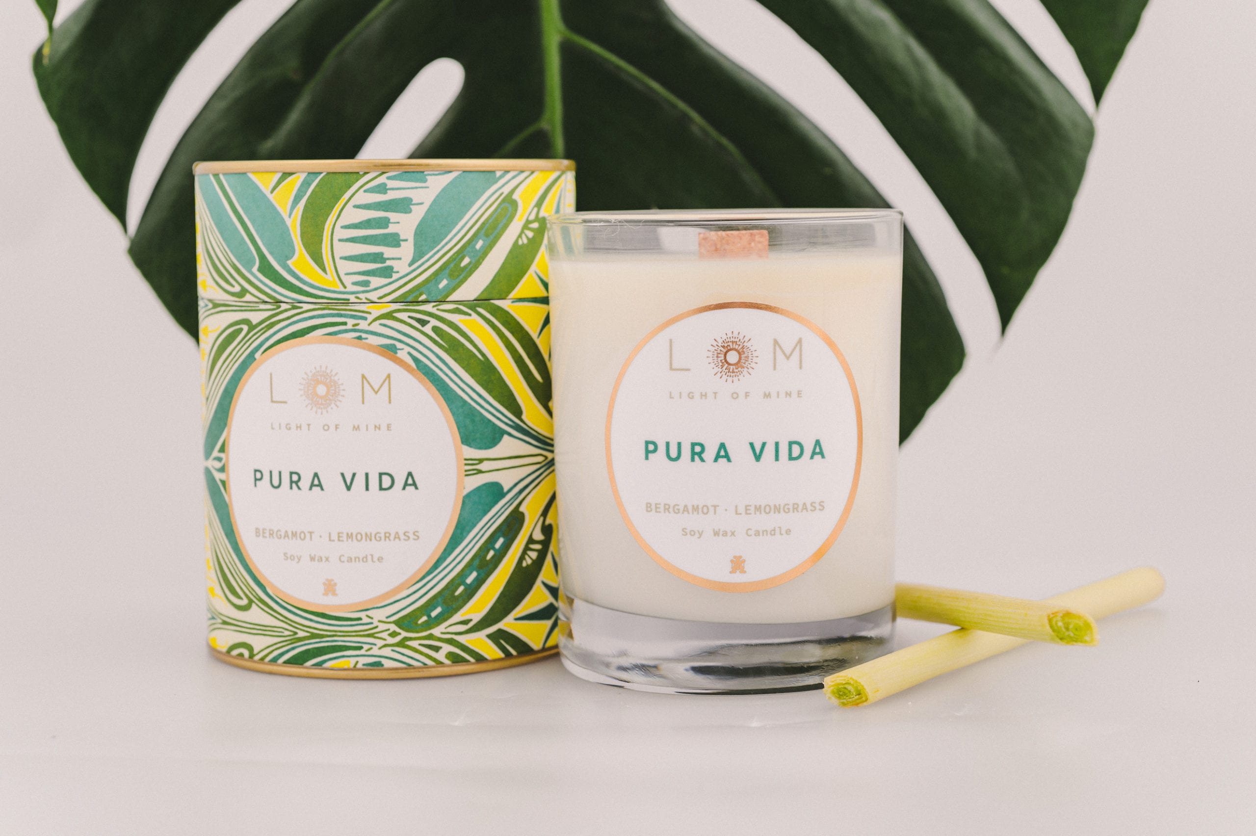 Two Light of Mine Pura Vida brand with Bergamot and Lemongrass soy wax scented candles next to two sprigs of lemongrass