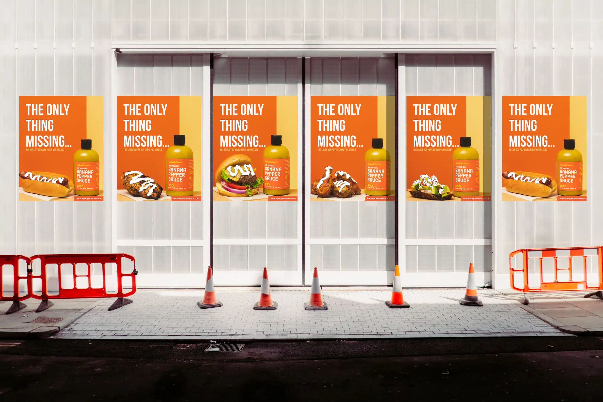 The Sauce You Never Knew You Needed 6 Construction Multiple instances of The Original Banana Pepper Sauce bottle Spicy flavor next to meat graphic with slogan and website address