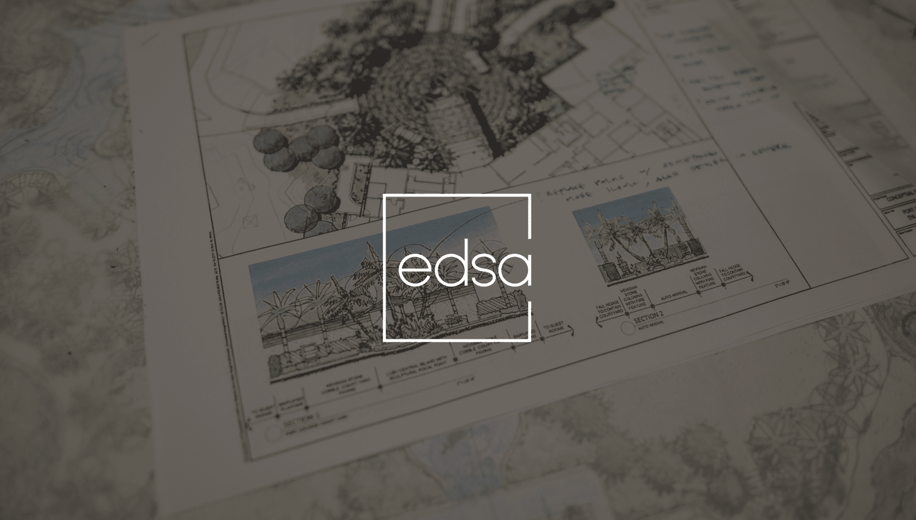 White EDSA logo against an architectural drawing backdrop