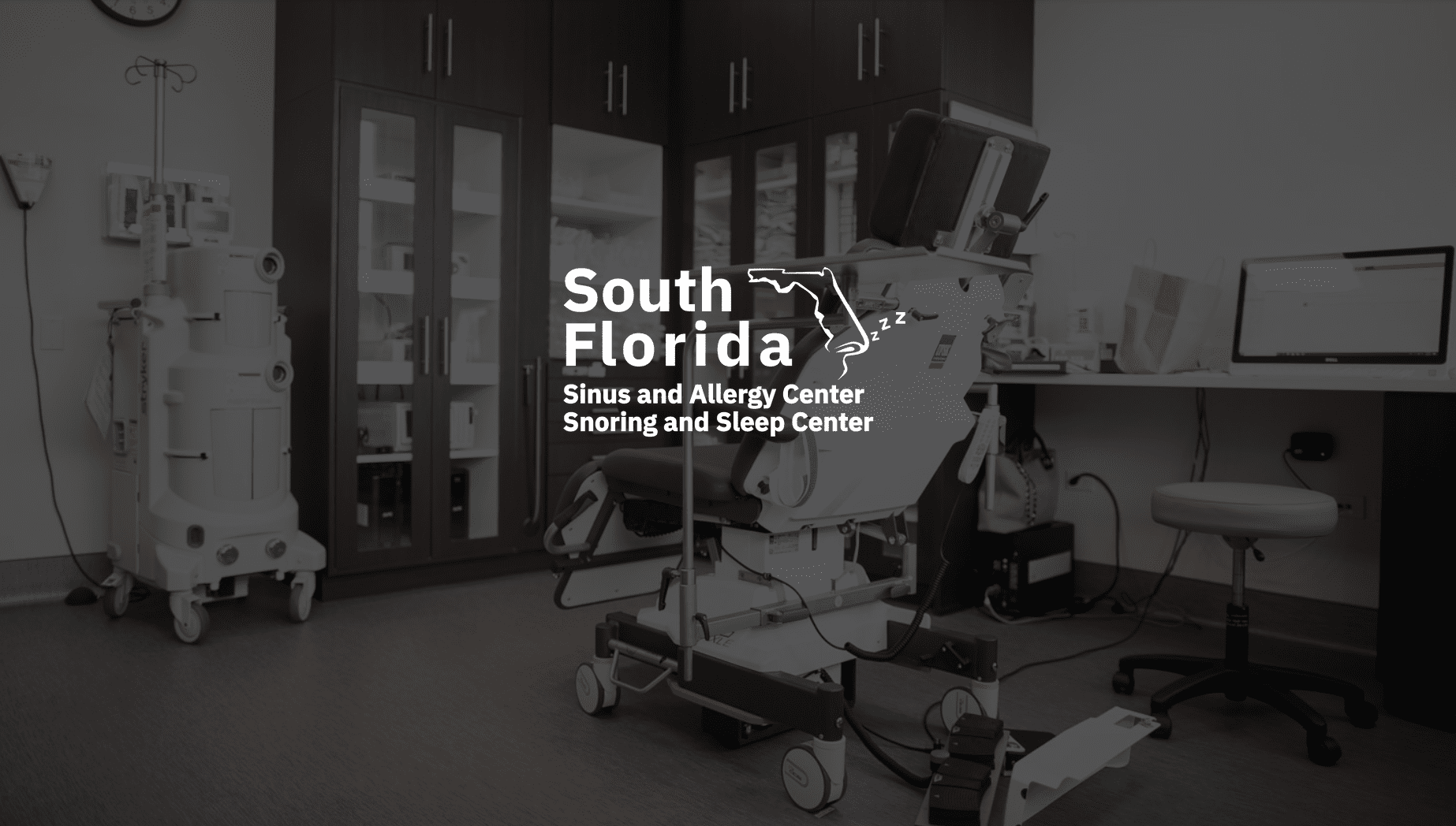 SFSAC White South Florida Sinus and Allergy Center Snoring and Sleep Center logo against a backdrop showing equipment in a doctor's office