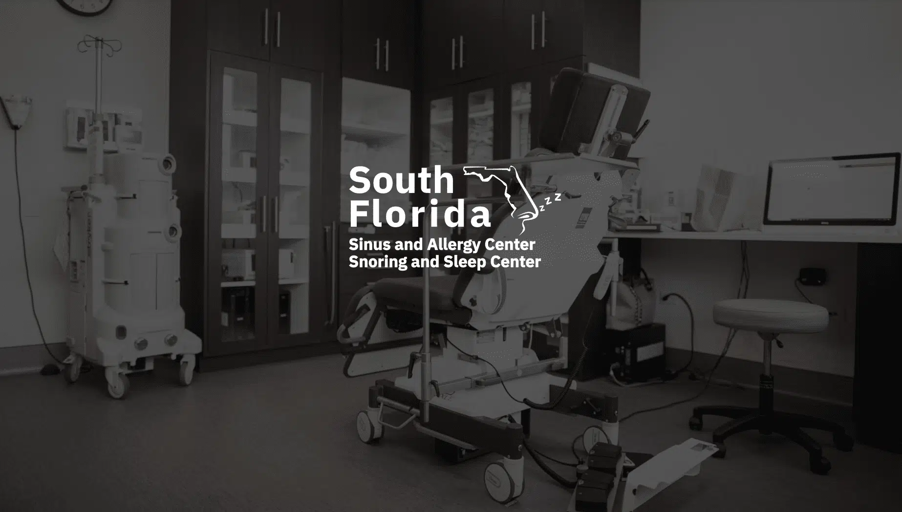 Keyword: Web Development .IU C&I Studios Page SFSAC White South Florida Sinus and Allergy Center Snoring and Sleep Center logo against a backdrop showing equipment in a doctor's office