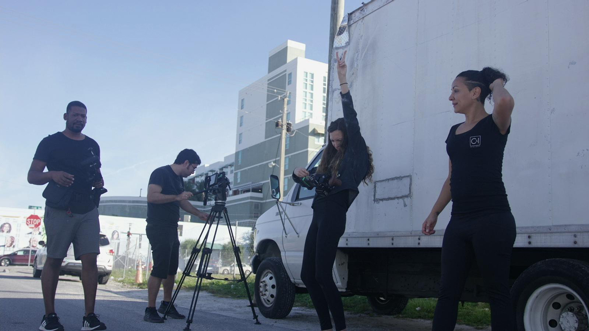 Crew members by box truck
