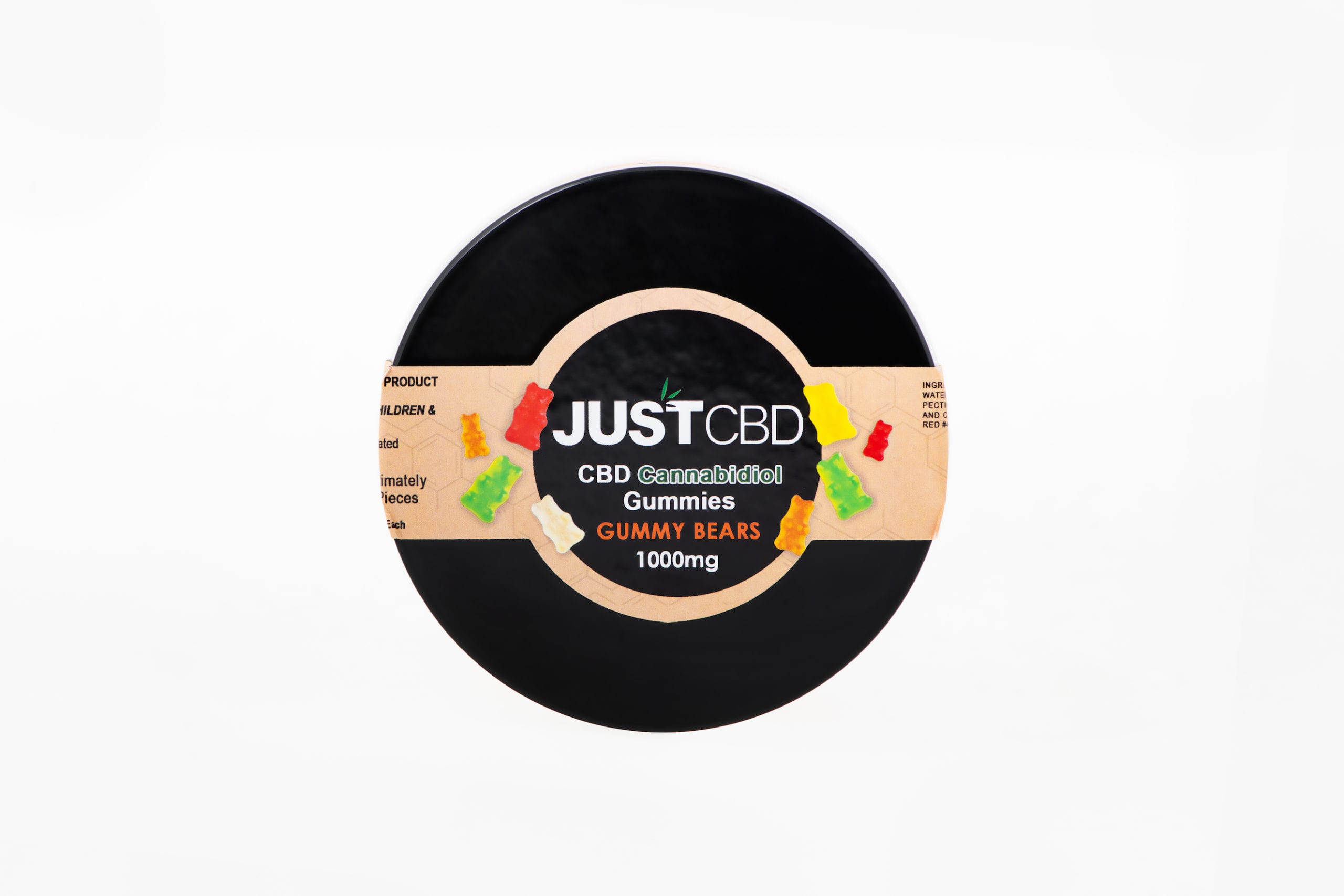 JustCBD Product Photography and Just CBD Products Top view of gummy bears container on display