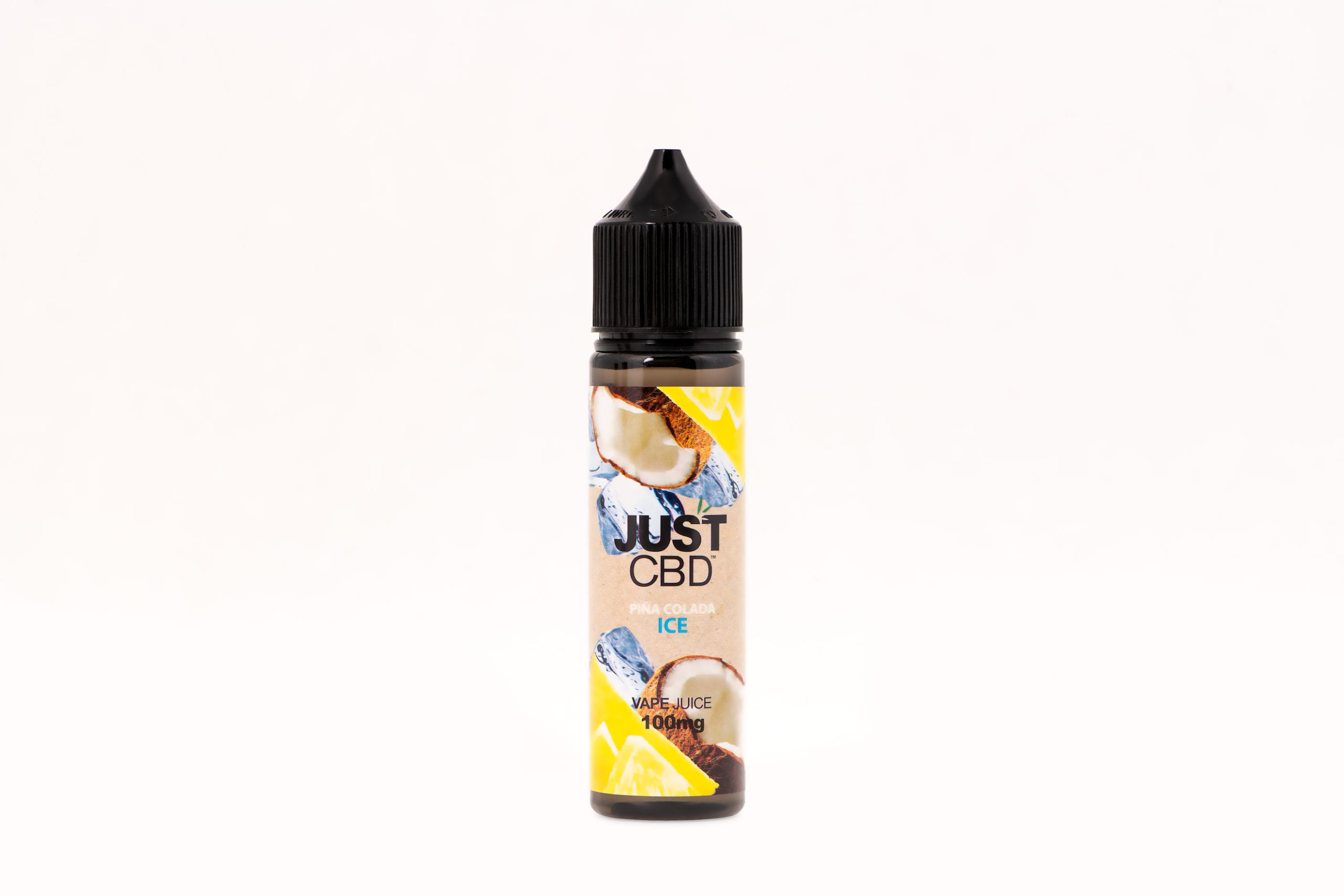 JustCBD Product Photography and Just CBD Products Pina Colada ICE vape juice container on display