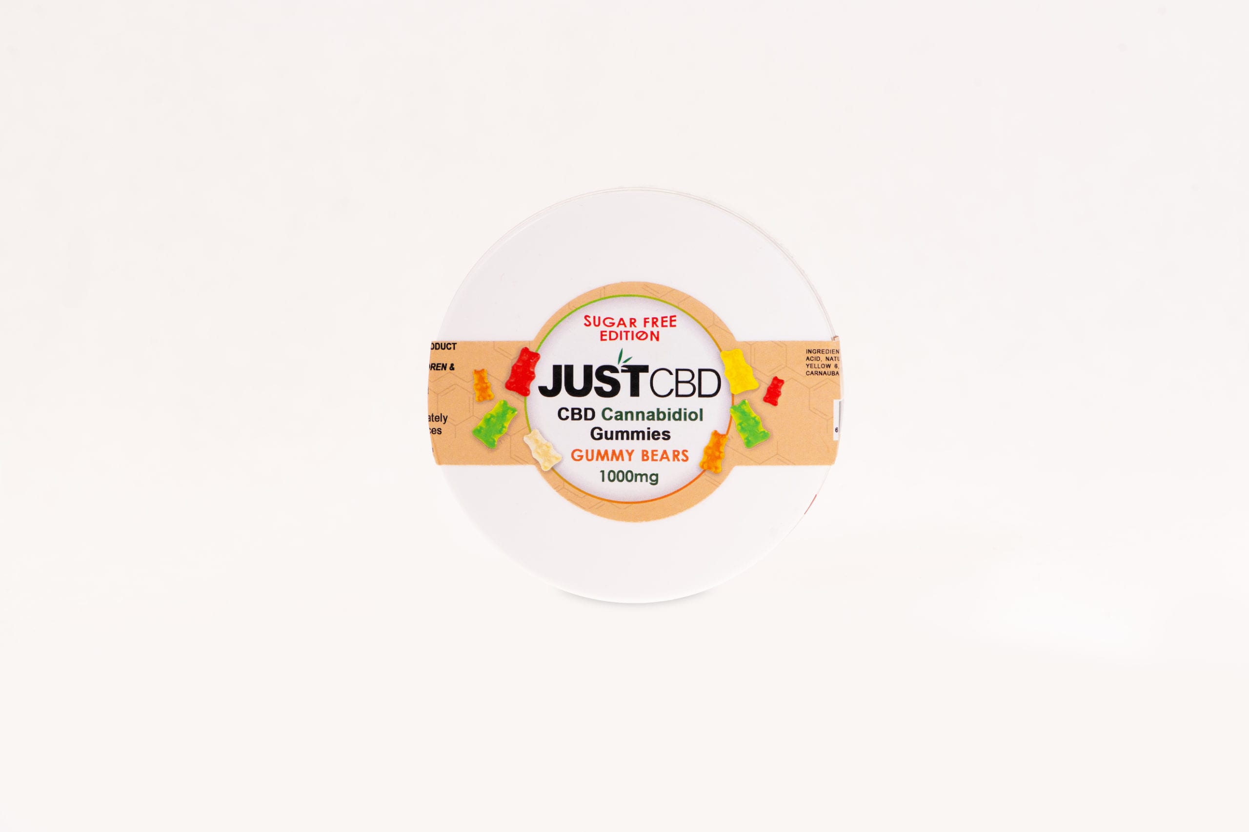 JustCBD Product Photography and Just CBD Products Top view of sugar free gummy bears container on display