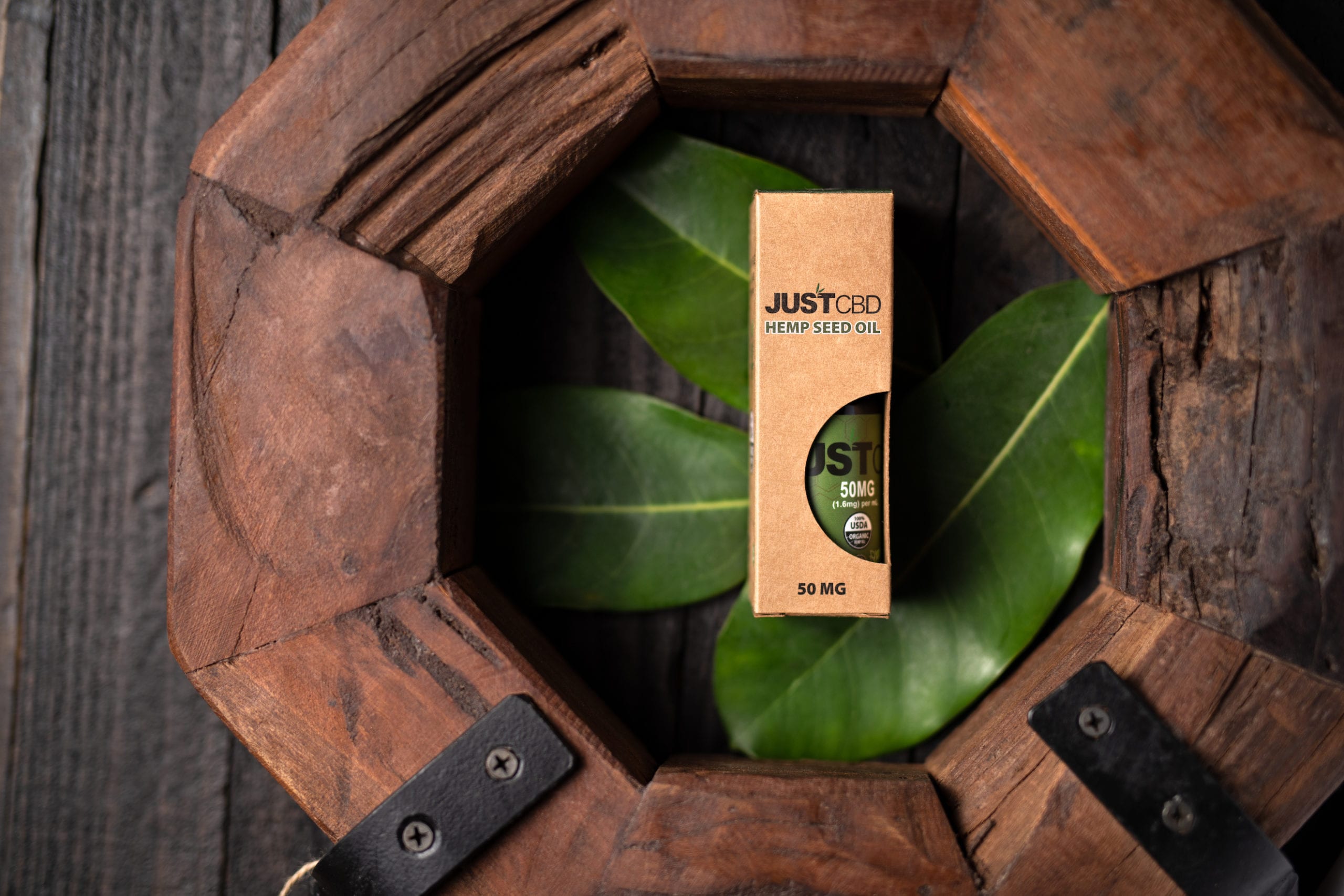 JustCBD Product Photography and Just CBD Products JUSTCBD Hemp Seed Oil package on display on green plant leaves surrounded by wood blocks