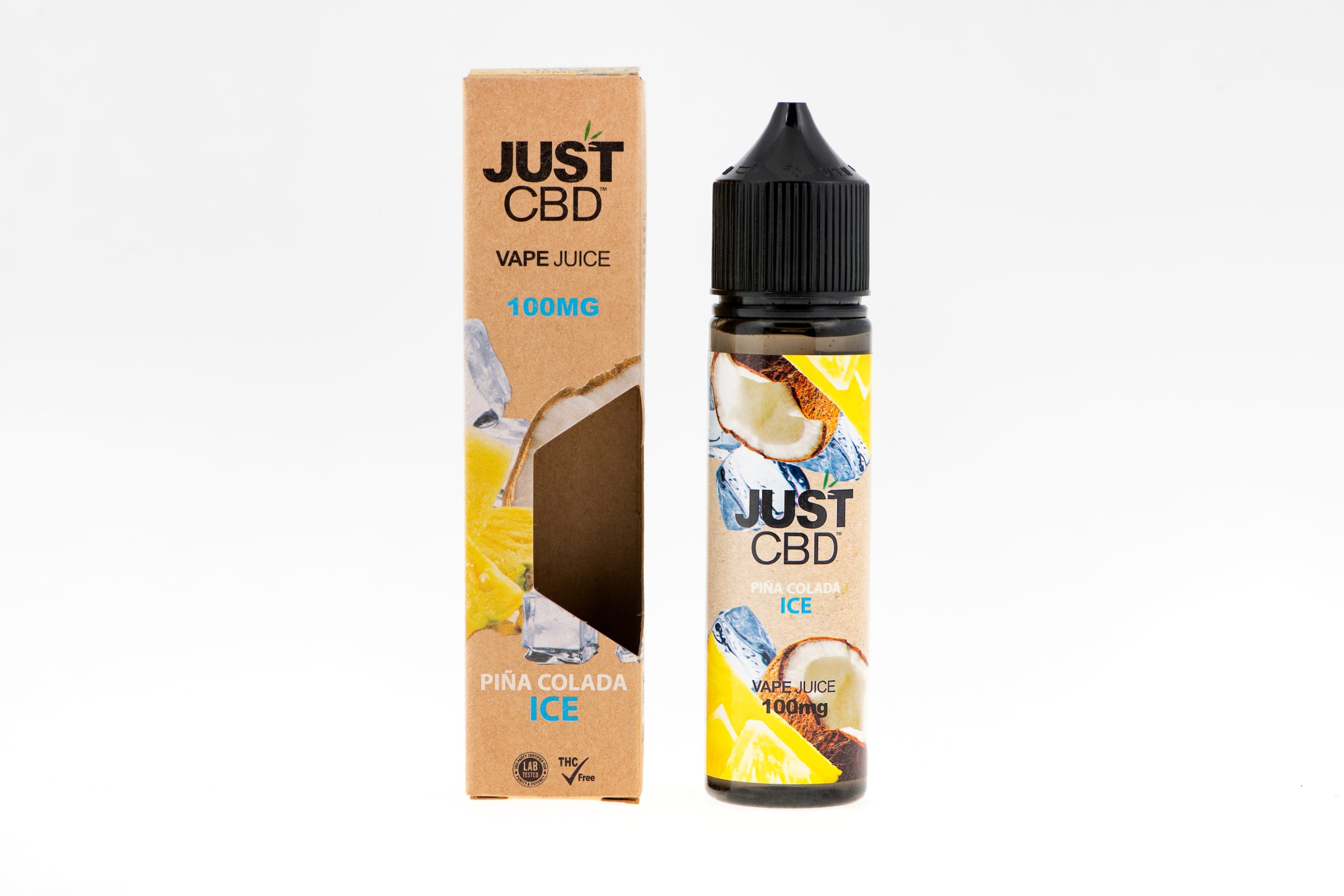 JustCBD Product Photography and Just CBD Products JUSTCBD Pina Colada ICE Vape Juice container and package on display